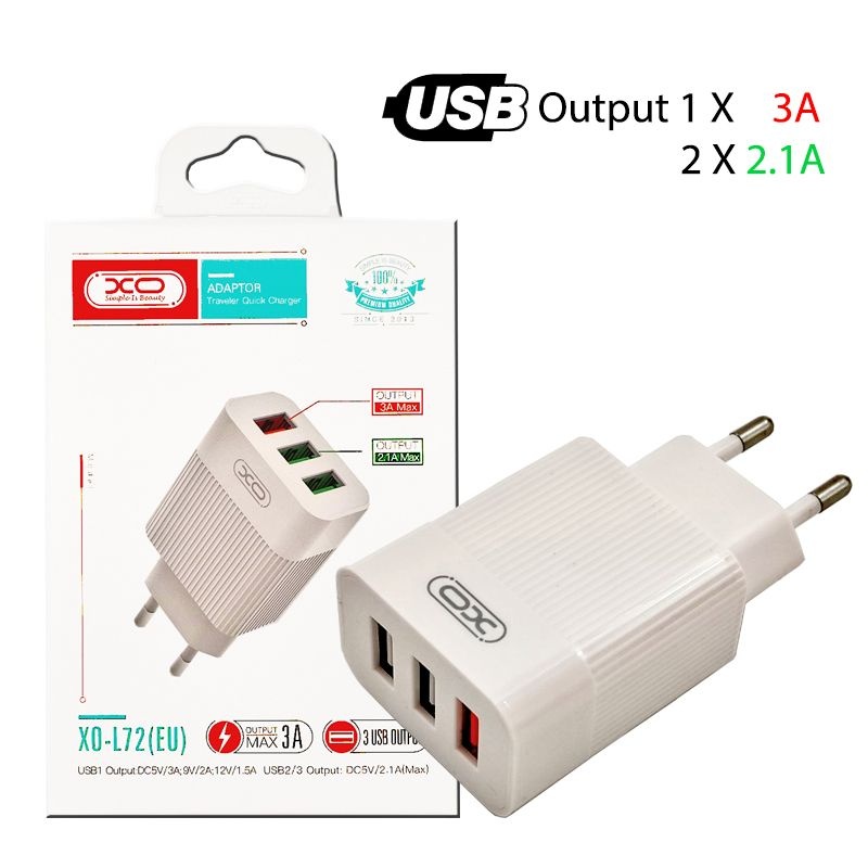 XO L72 EU Φορτιστής QC3.0+2.1A 3xUSB Γρήγορης Φόρτισης Λευκός (16.006.0032)