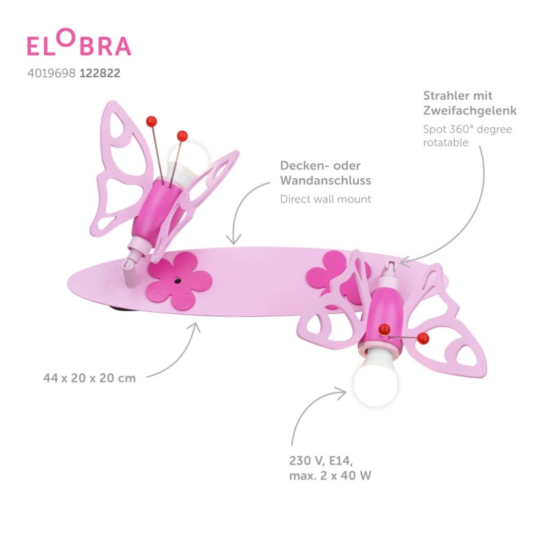 Elobra Παιδικό Φωτιστικό Τοίχου-Οροφής Δίφωτο Ροζ με Πεταλούδες & Λουλούδια Fairytale (122822)