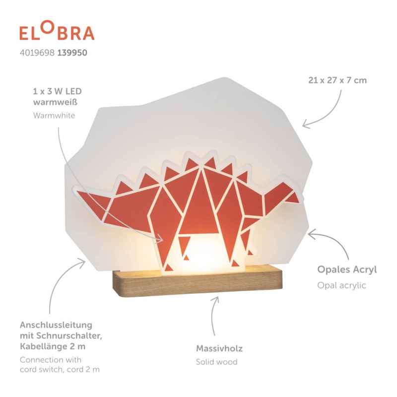 Elobra Led Παιδικό Πορτατίφ Δεινόσαυρος Πορτοκαλί Dinos (139950)