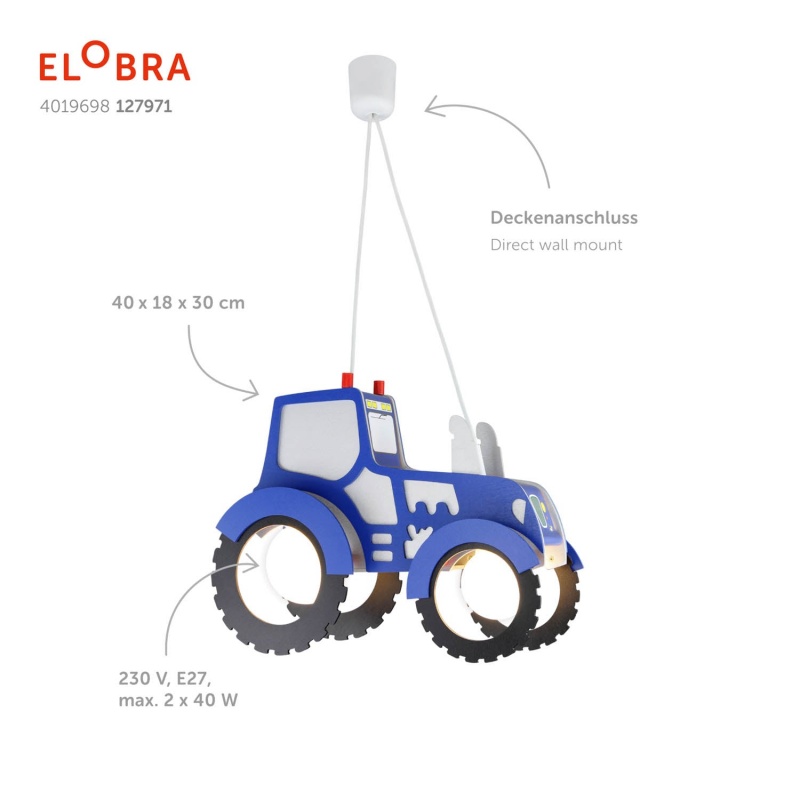 Elobra Παιδικό Κρεμαστό Φωτιστικό Οροφής Τρακτέρ Μπλε Traktor (127971)