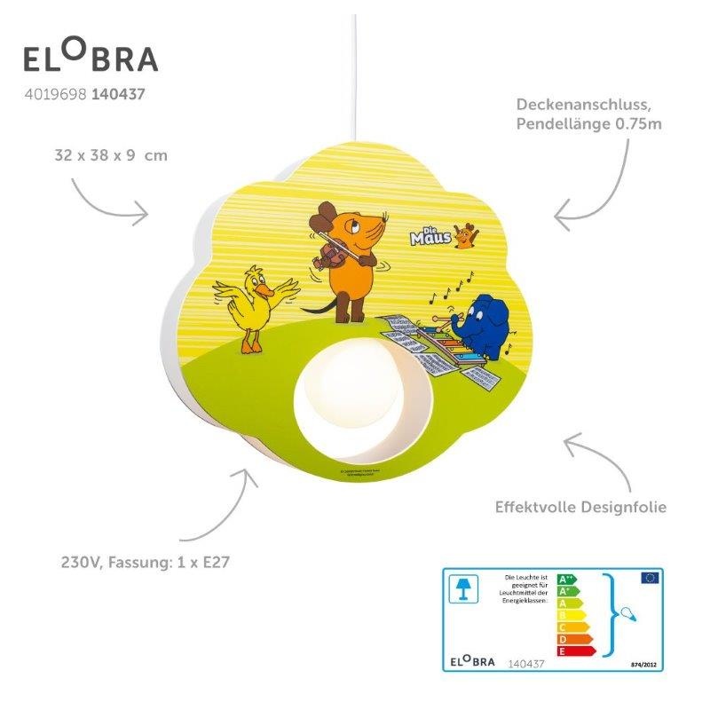 Elobra Παιδικό Κρεμαστό Φωτιστικό Οροφής Ποντικάκι Πράσινο-Κίτρινο Mouse (140437)