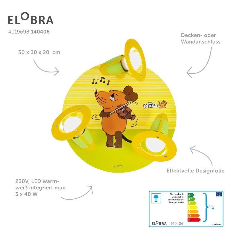 Elobra Παιδικό Σποτ Φωτιστικό Οροφής Ποντικάκι Πράσινο-Κίτρινο Mouse (140406)