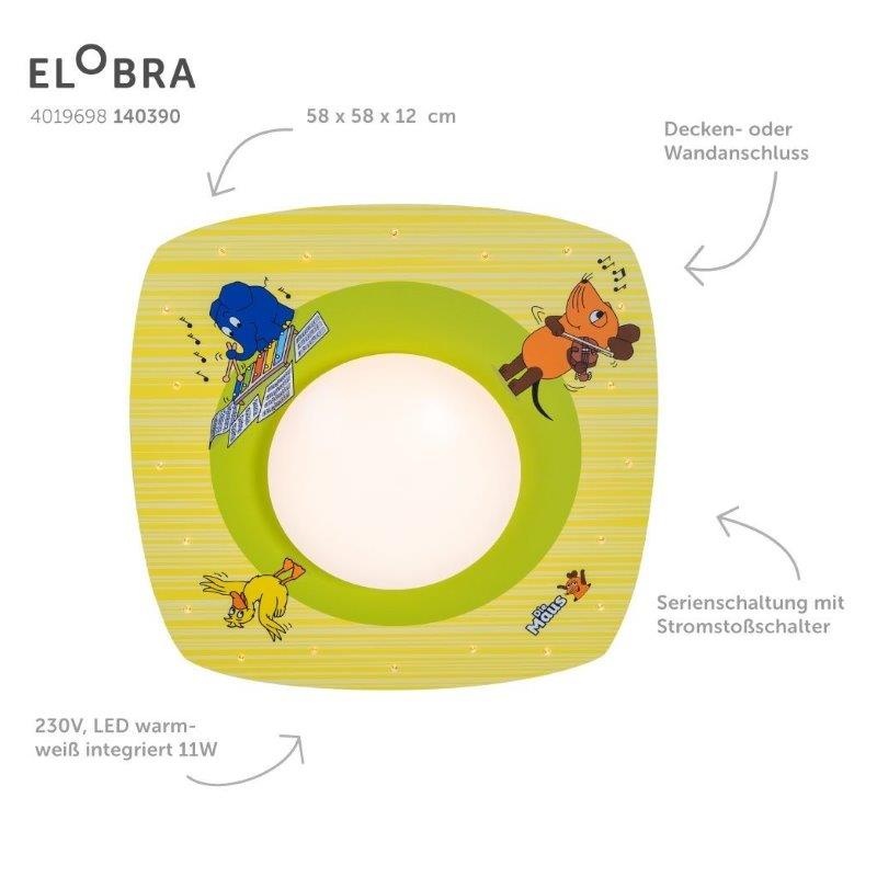 Elobra Led Παιδικό Φωτιστικό Οροφής Ποντικάκι Πράσινο-Κίτρινο Mouse (140390)