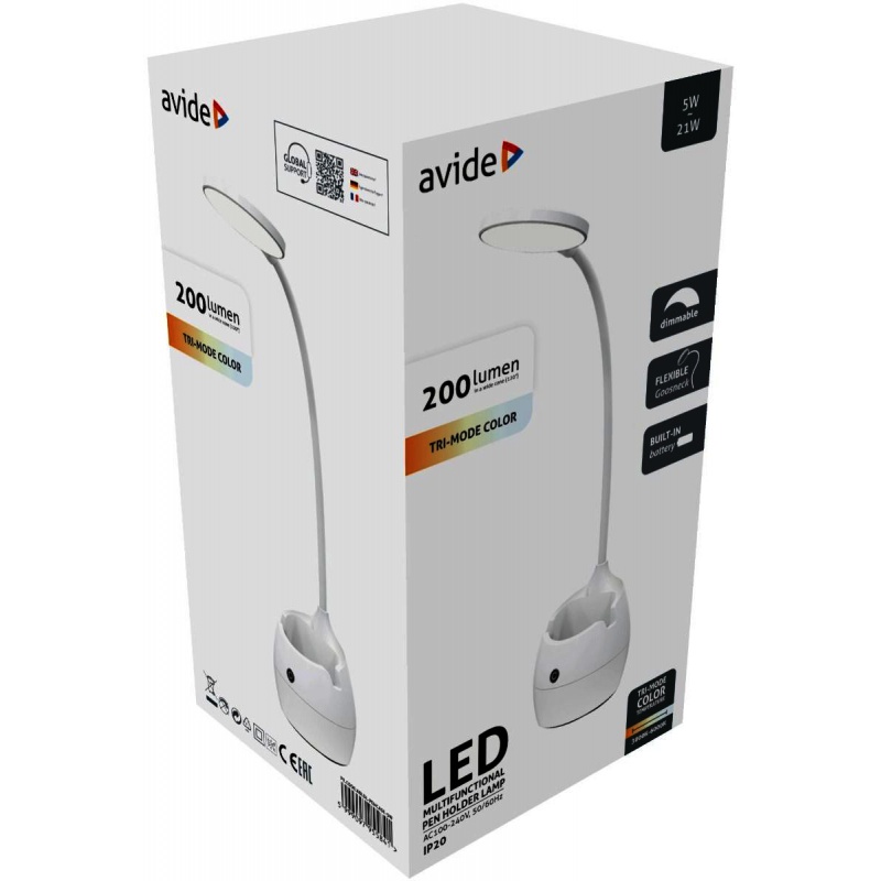 Avide Επαναφορτιζόμενο Led Φωτιστικό Γραφείου 5W με Θήκη Μολυβιών Λευκό (ABLDL-PENCASE-5W)